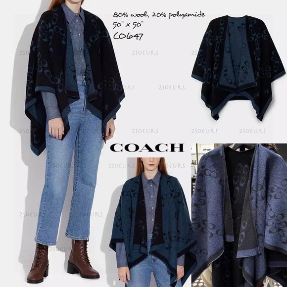 NWT COACH  Signature Poncho - C5104 BLACK/MIDNIGHT NAVY $298! Beautiful, Soft - Picture 1 of 4